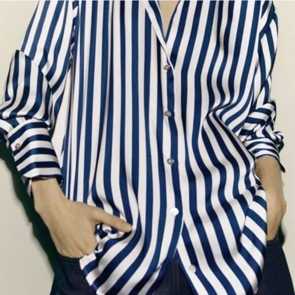 Zara Blue and White Striped Button Down Blouse, Size S - Picture 2 of 7